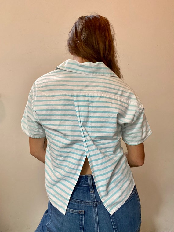 90s baby blue & white striped cropped fishing shi… - image 5