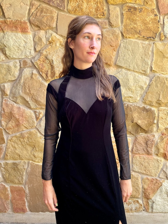 black velvet dress sheer sleeves SSYS Winter Velvet Sheer Sleeve Maxi Dress In Black main image 0