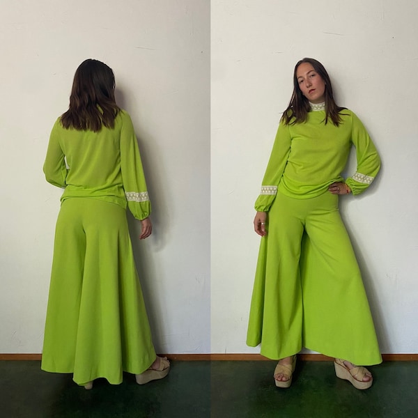 1960s neon lime green ultra flare pants with poet sleeve blouse & crochet detail