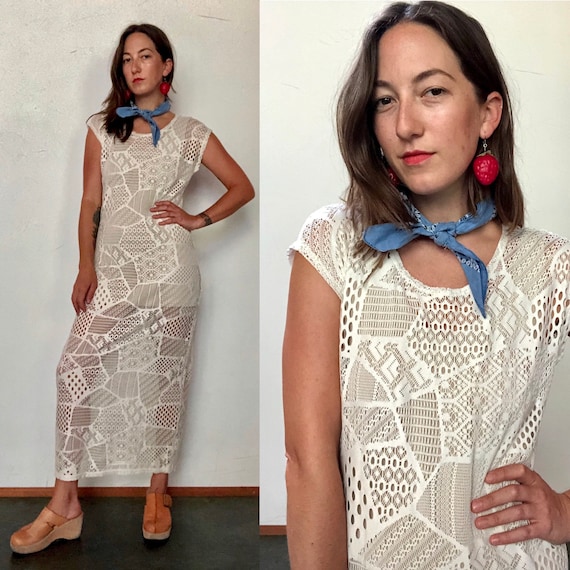 1970s patchwork lace shift dress