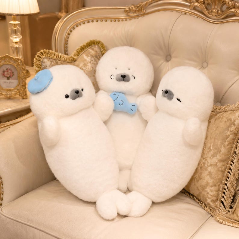 Kawaii sleeping seal plush with soft white plush fabric and PP cotton filling, cute seal pillow for kids and adults, large 70cm size perfect for cuddling and home decor, calming plush toy for bedrooms, sofas, and living room styling, adorable animal plushie for a cozy touch in any room, comforting seal stuffed animal for relaxation and stress relief, perfect gift for children and seal lovers, cute addition to any home decor collection