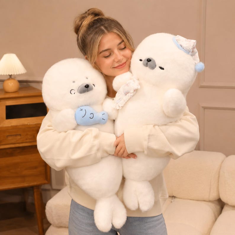 Kawaii sleeping seal plush with soft white plush fabric and PP cotton filling, cute seal pillow for kids and adults, large 70cm size perfect for cuddling and home decor, calming plush toy for bedrooms, sofas, and living room styling, adorable animal plushie for a cozy touch in any room, comforting seal stuffed animal for relaxation and stress relief, perfect gift for children and seal lovers, cute addition to any home decor collection
