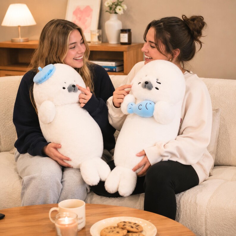 Kawaii sleeping seal plush with soft white plush fabric and PP cotton filling, cute seal pillow for kids and adults, large 70cm size perfect for cuddling and home decor, calming plush toy for bedrooms, sofas, and living room styling, adorable animal plushie for a cozy touch in any room, comforting seal stuffed animal for relaxation and stress relief, perfect gift for children and seal lovers, cute addition to any home decor collection