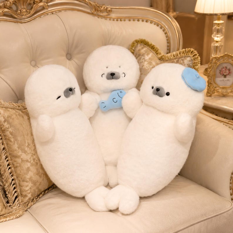 Kawaii sleeping seal plush with soft white plush fabric and PP cotton filling, cute seal pillow for kids and adults, large 70cm size perfect for cuddling and home decor, calming plush toy for bedrooms, sofas, and living room styling, adorable animal plushie for a cozy touch in any room, comforting seal stuffed animal for relaxation and stress relief, perfect gift for children and seal lovers, cute addition to any home decor collection