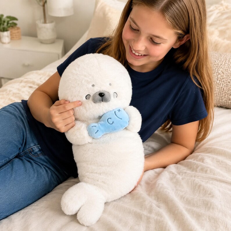 Kawaii sleeping seal plush with soft white plush fabric and PP cotton filling, cute seal pillow for kids and adults, large 70cm size perfect for cuddling and home decor, calming plush toy for bedrooms, sofas, and living room styling, adorable animal plushie for a cozy touch in any room, comforting seal stuffed animal for relaxation and stress relief, perfect gift for children and seal lovers, cute addition to any home decor collection
