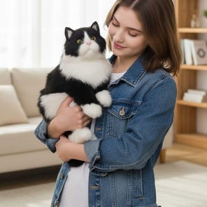 May include: A black and white plush cat toy with yellow eyes and a pink nose. The soft toy has a fluffy appearance and is being held. The cat has black ears and white chest and paws. The cat is a stuffed animal.