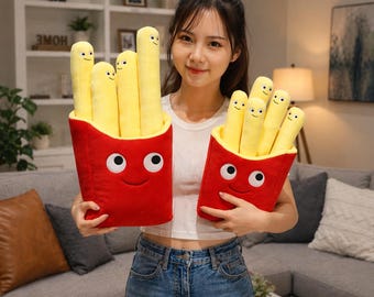 Batata frita de pelúcia | Batata frita sorridente | Almofada de pelúcia de comida para apoio emocional | Almofada fofa de batata frita | Batata frita de pelúcia com carinha feliz e sorridente