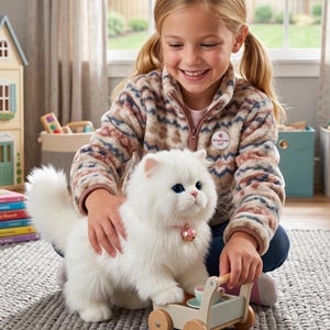 Puede incluir: Un juguete de gato persa blanco y esponjoso con ojos azules y un collar rosa. El niño lleva una chaqueta de forro polar estampada. Un pequeño carrito de té de madera está frente al gato. La chaqueta tiene un parche de "American Girl".