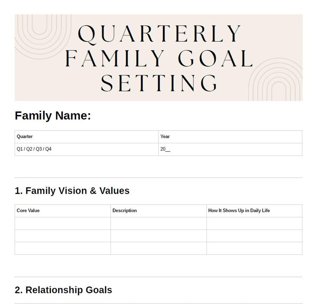 Quarterly Family Goal Setting Planner | Family Vision & Values Tracker ...