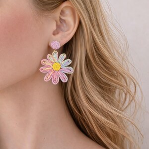 Colorful Daisy Earrings, Handmade Style Rainbow Flower Earrings, Statement Boho Jewelry, Summer Cute Gift for Her