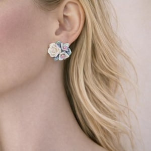 Iridescent Floral Stud Earrings, Handmade Ceramic Rose Earrings, Pastel Flower Earrings, Vintage Cottagecore Jewelry, Gift for Her