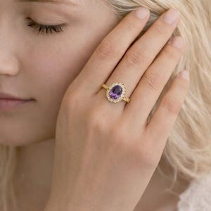 Gold Amethyst Ring with Zircon Stones, Vintage Inspired Statement Ring, Purple Gemstone Jewelry, Elegant Gift for Her