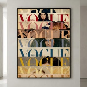 May include: A rectangular wall art print featuring a collage of Vogue magazine covers stacked horizontally. The design displays the word VOGUE in large, bold typography across seven distinct sections, each with unique color palettes and partial portraits.