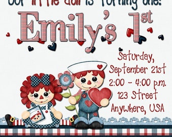 Raggedy Ann and Andy Birthday Digital Invitation, 1st Birthday party invitation