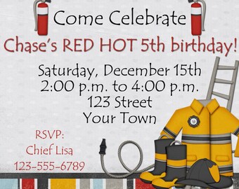 Firefighter Birthday Party Invitation, Fireman Party Invitation, Fire Truck Birthday Invitation