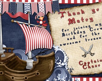 Pirate Birthday Thank you Card, Pirate Birthday Party Invitation, Digital Thank you card