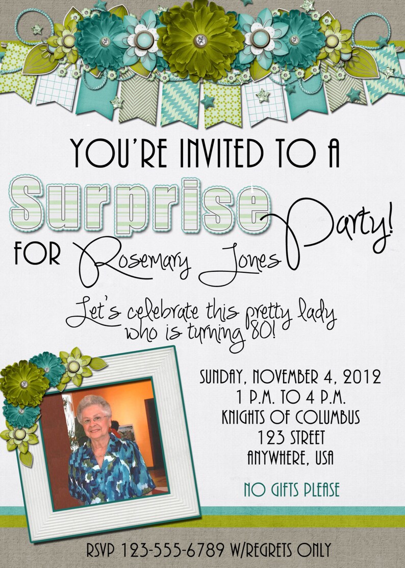 80th birthday Suprise Birthday Party Invitation Flowers
