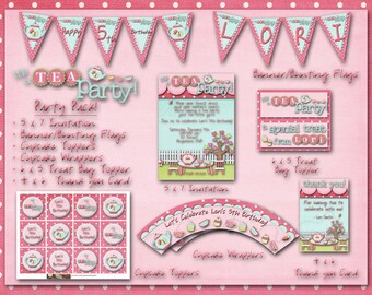 Tea Party Birthday Party Party Pack: Invitation, Thank you Card, Banner, Cupcake Toppers, Cupcake Wrappers, Treat Bag Topper
