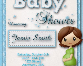 Baby Shower Invitation, Cute Digital Pregnant woman, Baby Announcement