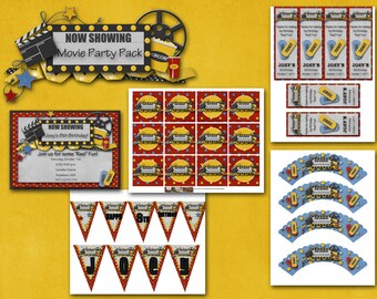 Movie Birthday Party Party Pack - Invitation, Banner, Thank you book marks, Cupcake Toppers, Cupcake Wrappers, Digital supplies