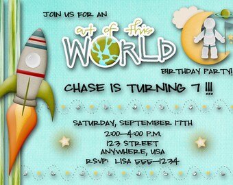 Outerspace Birthday Party Invitation, Spaceman Invitation, Rocket Birthday Invitation