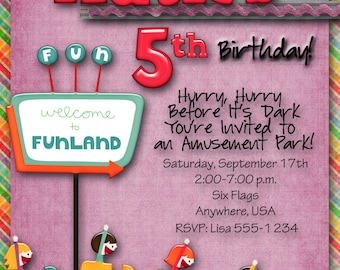 Amusement Park Birthday Party Invitation. Digital Party Invitation