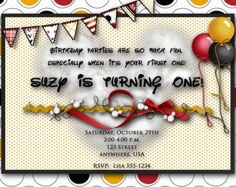 Mickey Mouse inspired Birthday Invitation, Minnie Mouse Party Invitation