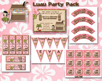 Luau Party Pack - Girl - Invitation, Banner, Cupcake Toppers, Cupcake Wrappers, Thank you Bookmarks. Pink
