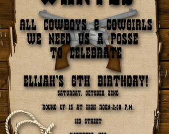 Cowboy Birthday Party Invitation, western invitation, Wanted Birthday Invitation