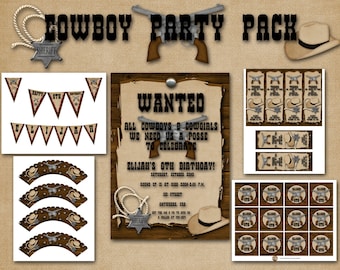 Cowboy Birthday Party Pack - Invitation, Banner, Cupcake Toppers, Cupcake Wrapper, Bookmarks