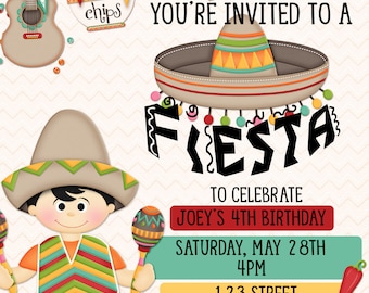 Fiesta Birthday Party Invitation, Mexican Theme Birthday Party Invitation, Digital