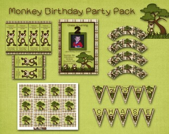 Monkey Birthday Party Pack - Invitation, Banner, Cupcake Toppers, Cupcake Wrappers, Thank you Bookmarks, Digital Party pack