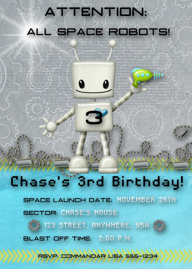 Robot Birthday Party Invitation Boy First Birthday Space Etsy