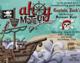 Pirate Birthday Party Invitation, Digital Ahoy Matey Pirate Ship Invitation