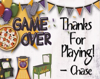 Arcade Game Thank you Card, Pizza party Thank you card, Arcade Party thank you card