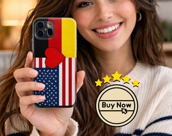 Coque de portable pour couple, coeur personnalisé, 2 drapeaux de pays | Cadeau pour petite amie | Cadeau de fiançailles d'anniversaire de mariage