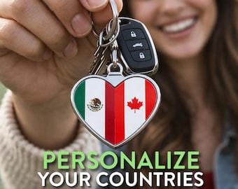 Llavero del Mundial 2026, regalo para parejas / Llavero personalizado con 2 banderas de países en forma de corazón / Regalo para aficionados al fútbol (novio/novia) / EE. UU., Canadá, México