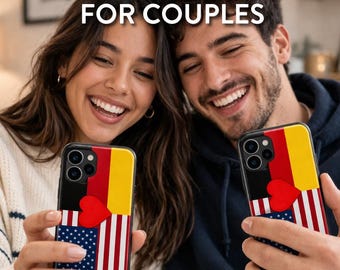 Coque de portable pour couple, coeur personnalisé, 2 drapeaux de pays | Cadeau pour petit ami petite amie | Cadeau de fiançailles d'anniversaire de mariage