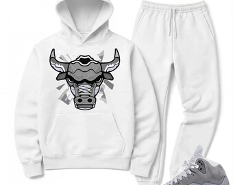 White Bull Graphic Sneaker Match Set, Jordan 5 Wolf Gray Sneaker Match Hoodie and Joggers set White Retro 5s Bull.