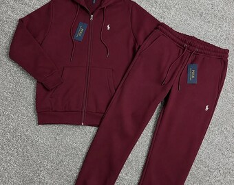 Mens Polo Ralph Lauren Burgundy Sweatsuit Hoodie Joggers Printed Logo Fleece Tracksuit Polo Streetwear