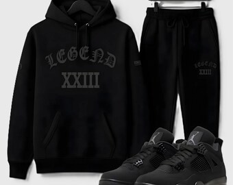 Triple Black Legend Sneaker Match Set, Men Black on Black Sweatsuit Hoodie Joggers Set Streetwear Outfit Sneaker Match Style.