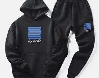 Men's Graphic Streetwear Outfit, Men's 23 Legend Black Hoodie & Joggers Sweatsuit – Blue Graphic Tracksuit Set.
