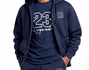 Conjunto deportivo azul marino de 3 piezas para hombre, conjunto de 3 piezas Legend 23 para hombre: sudadera con capucha, camiseta y pantalones deportivos - Jordan 13 Match