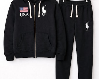 Mens Black Fleece Hoodie Joggers Set USA Polo Style Sweatsuit Zip Hoodie Tracksuit