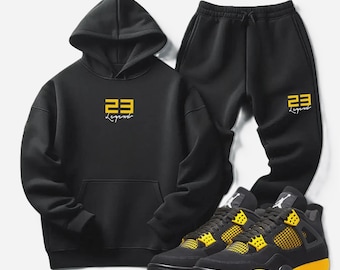 Custom Men's Sweatsuit Set, Men Black Sweatsuit Hoodie Joggers 23 Legend Tracksuit To Match Jordan 4 Thunder.