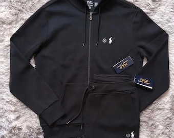 Mens Polo Ralph Lauren Black Sweatsuit Hoodie Joggers Printed Logo Fleece Tracksuit Polo Streetwear