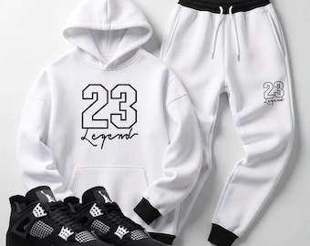Chándal de felpa de diseño para hombre, chándal negro y blanco 23 Legend Hoodie Joggers a juego Jordan 4 White Thunder