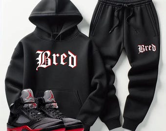 Men's Bold Graphic Tracksuit, Men's Hoodie Joggers Black Red Outfit Sweatsuit To Match Air Jordan 5 Satin Bred.