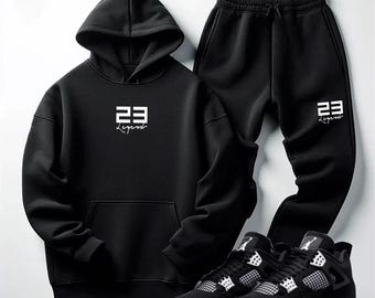 Custom Streetwear Set, Men's Hoodie Joggers Sweatsuit Match Air Jordan 4 White Thunder Black Tracksuit.