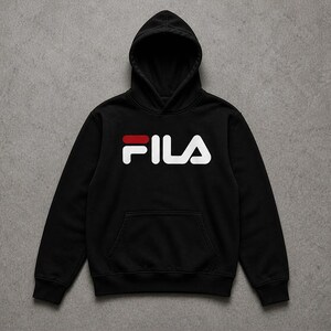 Puede incluir: Sudadera con capucha negra con bolsillo de canguro. La palabra "FILA" est&aacute; impresa en blanco en el pecho, con una barra horizontal roja encima de la "A". La sudadera est&aacute; hecha de un material suave.